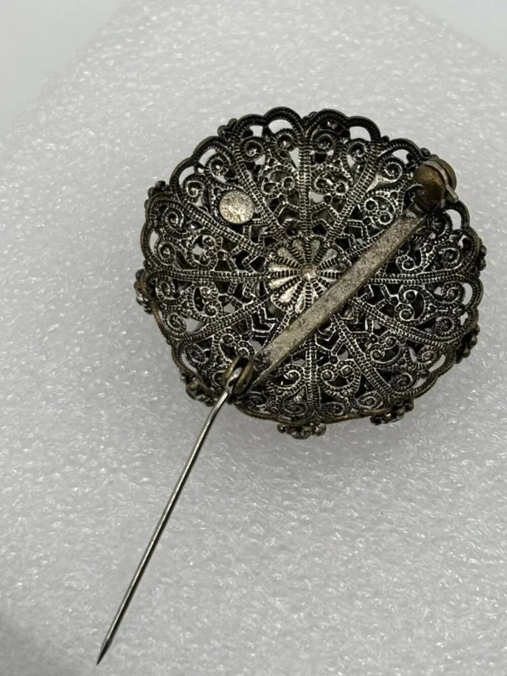 Vintage West Germany High Dome Brooch W/Crystal Faux Pearls Filigree Silver-Tone